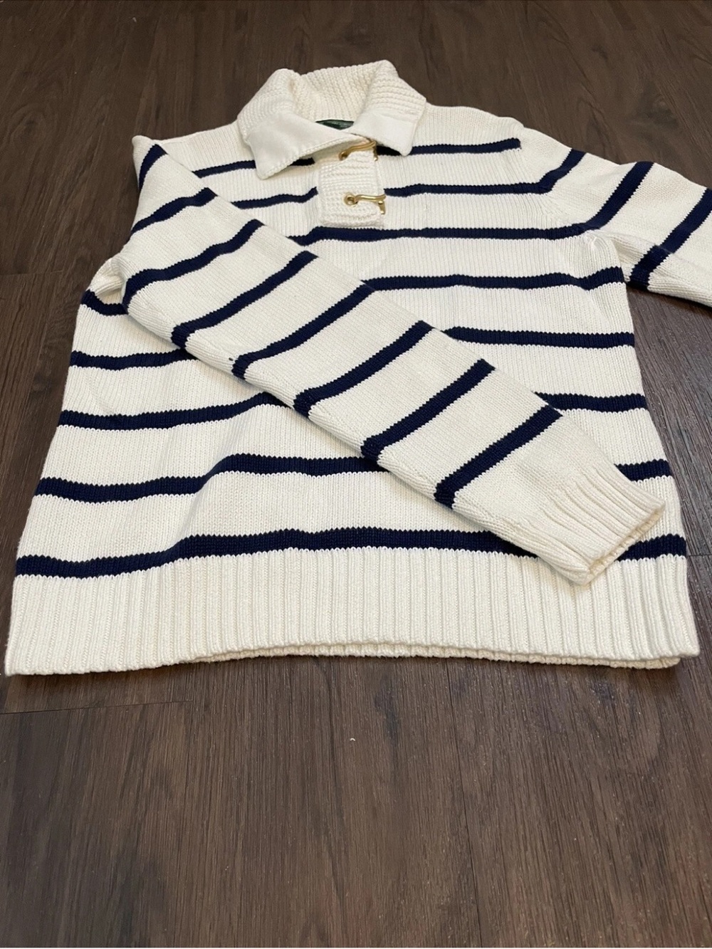 Ralph Lauren White & Navy Striped Polo-Collar Sweater - Picture 9 of 15